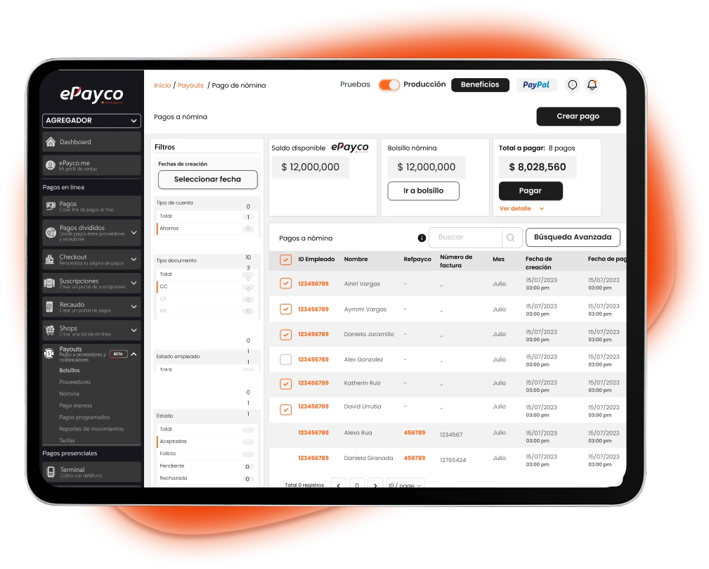 En Payouts, puedes Registrar tus empleados o proveedores